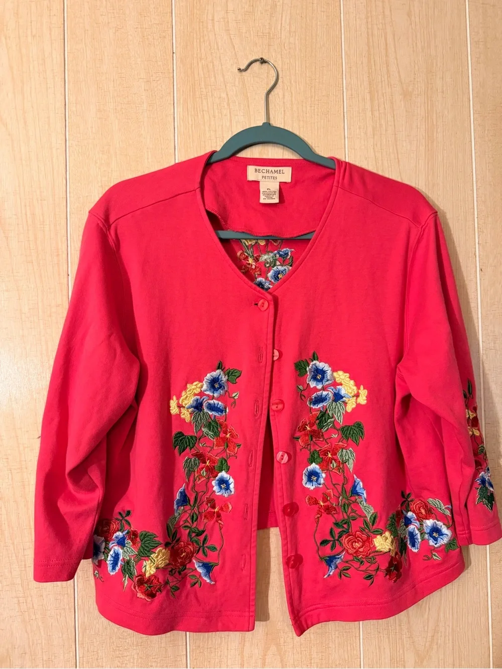 Bechamel Bright Red Pink Floral Embroidered Button-Front Cardigan Set